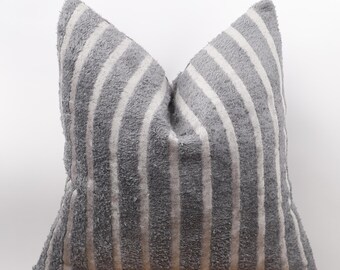 Gray Striped Textured Pillow Cover, Handmade Gray Tone Cushion, Boho Rustic Decor, Modern Farmhouse  Pillow, Hairy Velvet Pillow, All Sizes