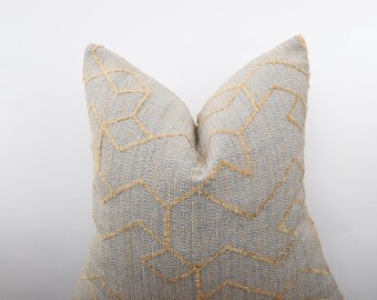 Gray and Mustard Striped Square Pillow Cover, Geometric Tufted Cushion for Couch, Modern Neutral Throw Pillowcase, All Sizeable