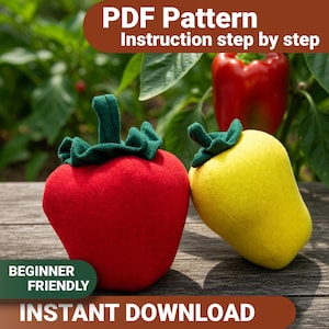 May include: A red plush pepper and a yellow plush pepper, each featuring a dark green fabric stem and ruffled top. The image includes text that reads PDF Pattern, Instruction step by step, BEGINNER FRIENDLY, and INSTANT DOWNLOAD.