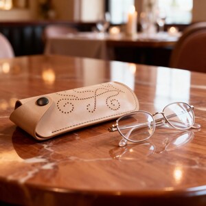 May include: A light beige leather glasses case featuring a decorative perforated swirl pattern and a single black snap button closure, positioned next to a pair of silver-rimmed eyeglasses with clear lenses on a polished brown marble surface.