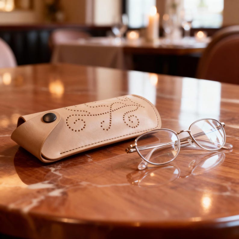 May include: A light beige leather glasses case featuring a decorative perforated swirl pattern and a single black snap button closure, positioned next to a pair of silver-rimmed eyeglasses with clear lenses on a polished brown marble surface.