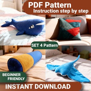 Set med kudde - 4 sömnadsmönster i PDF och steg-för-steg-instruktioner