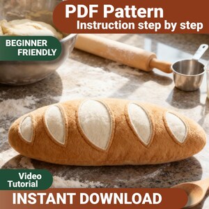 Patrón de costura de pan de peluche en PDF: Tutorial en vídeo de mascota de pan