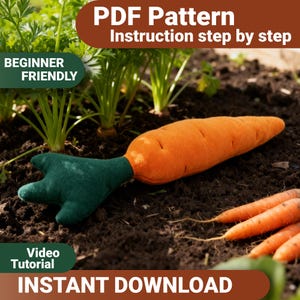 Carrot Plush Sewing Pattern PDF: Easy Beginner Friendly Vegetable Soft Toy with Video Tutorial