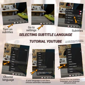 May include: A tutorial graphic titled SELECTING SUBTITLE LANGUAGE TUTORIAL YOUTUBE, featuring six screenshots of a video player interface. The images show menus for turning on subtitles, accessing settings, and selecting languages from a list.