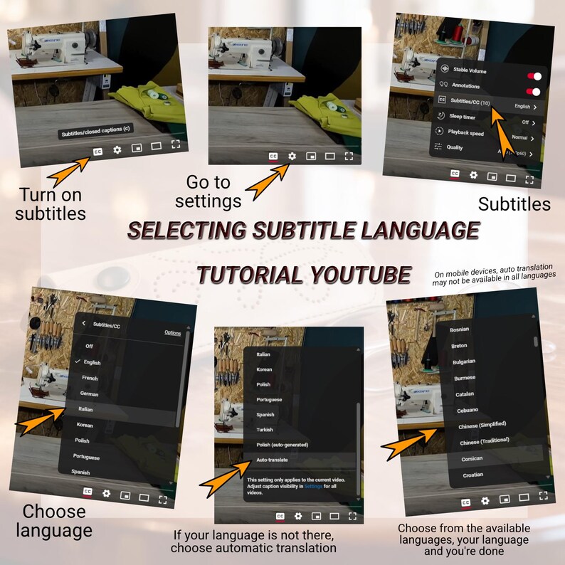 May include: A tutorial graphic titled SELECTING SUBTITLE LANGUAGE TUTORIAL YOUTUBE, featuring six screenshots of a video player interface. The images show menus for turning on subtitles, accessing settings, and selecting languages from a list.