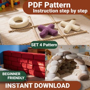 May include: A set of soft play toys and patterns. The image shows a tic-tac-toe game with plush pieces, a red brick wall, and a stone-shaped play structure. Text includes "PDF Pattern", "Instruction step by step", "SET 4 Pattern", "BEGINNER FRIENDLY", and "INSTANT DOWNLOAD".
