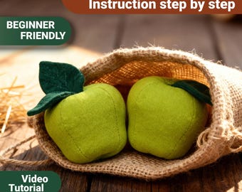 Apple Pincushion or Plush Mascot PDF Sewing Pattern with Video Tutorial: Beginner Friendly DIY Soft Toy Fruit Template