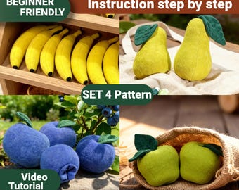 Four PDF sewing patterns for fruit-shaped plush toys: apple, blueberry, banana and pear