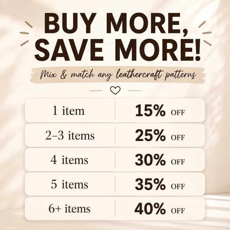 May include: A promotional graphic with dark brown text reading BUY MORE, SAVE MORE! and Mix & match any leathercraft patterns. A list shows discount tiers: 1 item for 15% off, 2-3 items for 25% off, 4 items for 30% off, 5 items for 35% off, and 6+ items for 40% off.