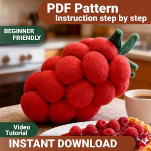 May include: A felted red raspberry sculpture with green leaves, next to a raspberry pie and a cup of coffee. The image includes text that reads "PDF Pattern", "Instruction step by step", "Beginner Friendly", "Video Tutorial", and "Instant Download".
