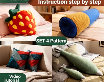Set of 4 PDF Patterns for Decorative Pillows – Patchwork, Bolster, Strawberry, and Mortar Shell