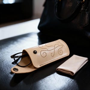 May include: A light beige leather glasses case featuring a decorative perforated swirl pattern and a metal snap closure. The case contains black-framed eyeglasses and is accompanied by a folded light beige microfiber cleaning cloth.