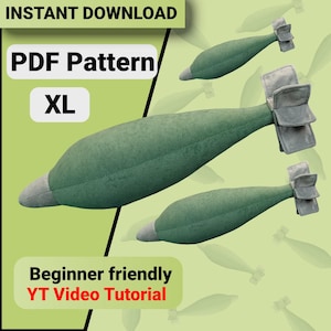 PDF sewing pattern for a plush XL mortar grenade, A gift for a military enthusiast and fan, Tutorial on making a grenade