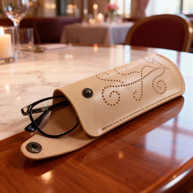 May include: A light beige leather glasses case featuring a decorative perforated swirl pattern and a dark metal snap button closure. The case is open, revealing a pair of black-framed eyeglasses resting inside the smooth, natural-toned leather sleeve.