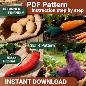 Puede incluir: Imagen de un conjunto de patrones PDF con verduras de peluche: patatas en un saco de yute, una zanahoria, un pimiento rojo y berenjenas. La imagen incluye texto que dice "Beginner Friendly", "Instruction step by step", "Video Tutorial", "Set 4 Pattern" y "Instant Download".