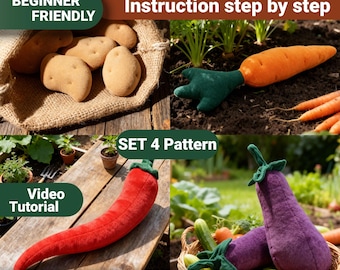 Naaipatroon pluche groente: wortel, aardappel, chili, aubergine (pdf-patroon)