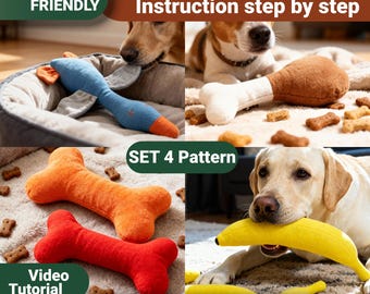 Kit DIY de Brinquedos de Pelúcia para Cães – 4 Moldes de Costura em PDF + Tutoriais em Vídeo (Pato, Osso, Coxinha da Asa e Banana)