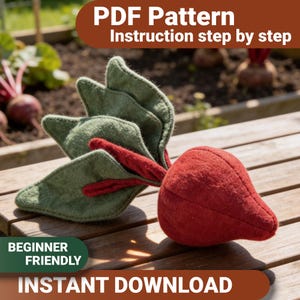 PDF sewing pattern for a plush beetroot with step-by-step instructions, perfect for making your own DIY stuffed toy