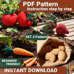 May include: A set of four fabric vegetable patterns, including tomatoes, beets, carrots, and potatoes. The image includes the text "PDF Pattern Instruction step by step", "SET 4 Pattern", "BEGINNER FRIENDLY", and "INSTANT DOWNLOAD".