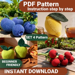 May include: A collection of plush fruit patterns, including blueberries, a lemon, green apples, and red berries. The image includes text that reads "PDF Pattern Instruction step by step", "SET 4 Pattern", "BEGINNER FRIENDLY", and "INSTANT DOWNLOAD".