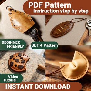 May include: A collection of handmade leather keychains in various shapes, including a bread loaf, a cookie, and a fortune cookie. The keychains are brown and tan, with visible stitching and rivets. The image includes text that reads "PDF Pattern," "Beginner Friendly," and "Instant Download."