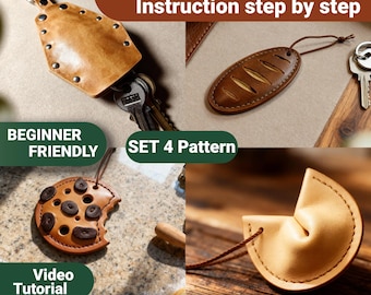 May include: A collection of handmade leather keychains in various shapes, including a bread loaf, a cookie, and a fortune cookie. The keychains are brown and tan, with visible stitching and rivets. The image includes text that reads "PDF Pattern," "Beginner Friendly," and "Instant Download."