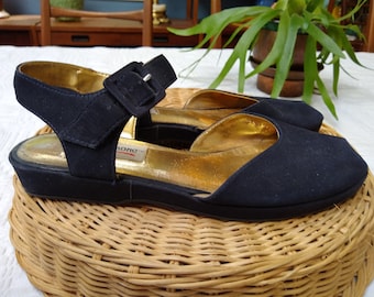 Vintage Suede Leather Peep Toe Sandals Size 9N In Black
