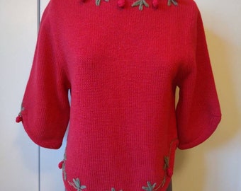 1950s Ethel of Beverly Hills Wool Sweater w/Crewel Strawberries s/m