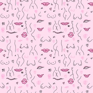 Könnte beinhalten: Ein sich wiederholendes Muster auf rosa Hintergrund mit schwarzen Strichzeichnungen von weiblichen Körpern, Lippen, Nasen, Augen, Herzen und Blumen. Die Illustrationen sind in Schwarz und Rosa gehalten und erzeugen ein verspieltes, künstlerisches Design.