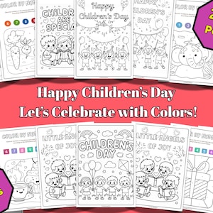 May include: A selection of children's colouring books with the text "Happy Children's Day" and "Let's Celebrate with Colors!". The books display illustrations of cartoon characters and the words "Children are Special". The image also includes a "200 Pages" graphic.
