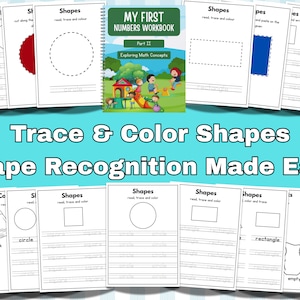 Może przedstawiać: Zeszyt ćwiczeń zatytułowany "My First Numbers Workbook" z tekstem "Trace & Color Shapes Shape Recognition Made Easy". Zeszyt zawiera strony z kształtami do śledzenia i kolorowania, w tym koła, kwadraty i prostokąty. Okładka przedstawia bawiące się dzieci.
