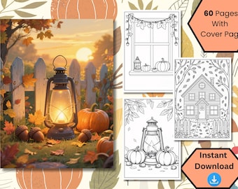 Puede incluir: Un libro para colorear digital con temática otoñal. La portada presenta una linterna encendida, calabazas y bellotas cerca de una valla blanca. Contiene 60 páginas de arte lineal, incluyendo una casa, calabazas y una linterna. Descarga instantánea.