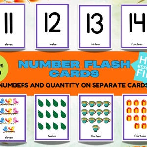 Pode incluir: Cartões flash educativos com os números de onze a catorze, com palavras e representações visuais. Os cartões são projetados para a prática da contagem e são rotulados como "High Resolution Files."