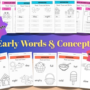 Può includere: Una raccolta di 54 schede didattiche per l'apprendimento precoce, con concetti come opposti e nomi singolari/plurali. Le schede didattiche presentano illustrazioni ed esercizi di scrittura. Il titolo è "Early Words & Concepts".