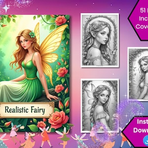 Könnte beinhalten: Ein digitaler Download mit einer farbenfrohen Illustration einer Fee in einem grünen Kleid mit goldenen Flügeln, umgeben von Rosen. Enthält drei Graustufen-Feenporträts und den Text "Realistic Fairy". Enthält auch "51 Pages Including Cover Page" und "Instant Download".