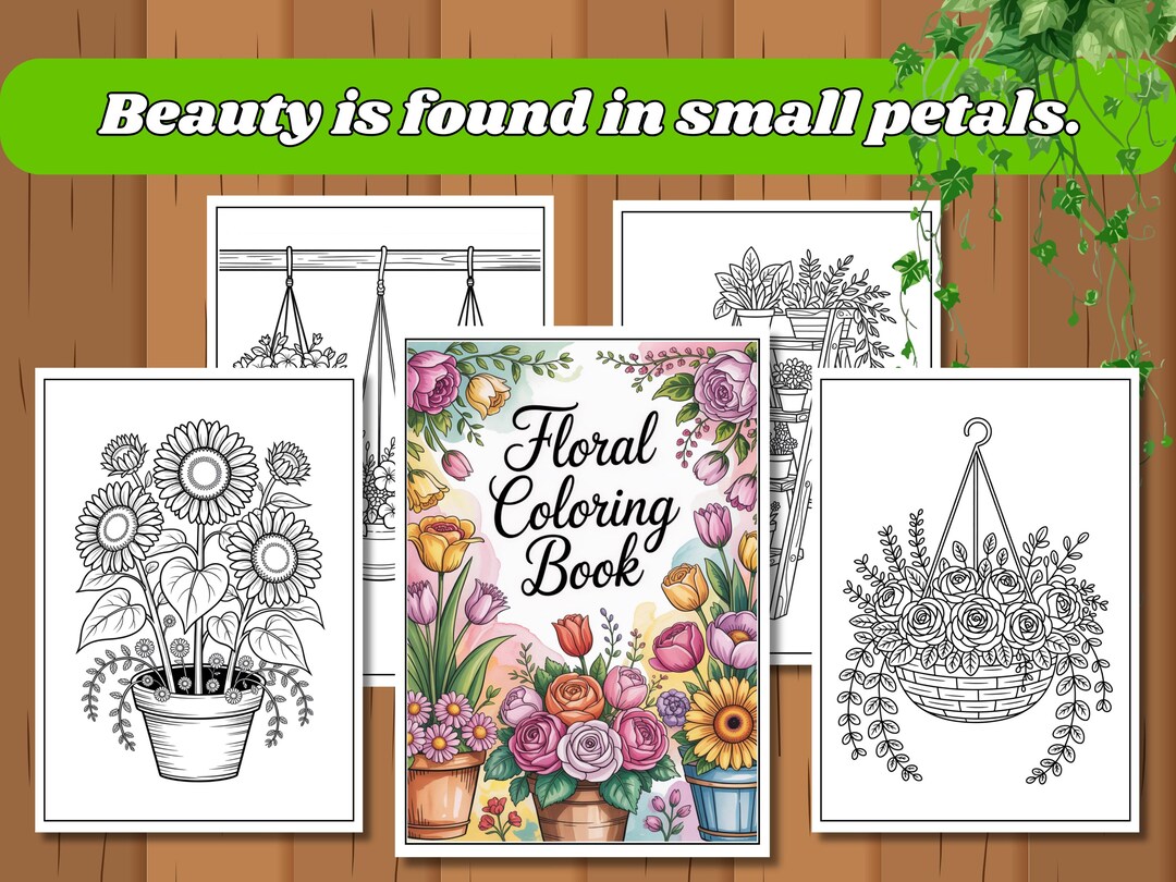 Flower Coloring Book Pages | Flower Pots Bouquets Hanging Baskets ...