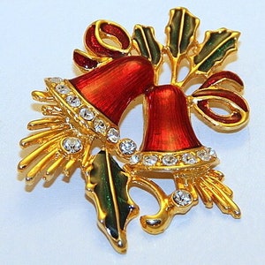 Christmas Bell Brooch Rhinestone Xmas Holiday Pin Bow Holly Berry