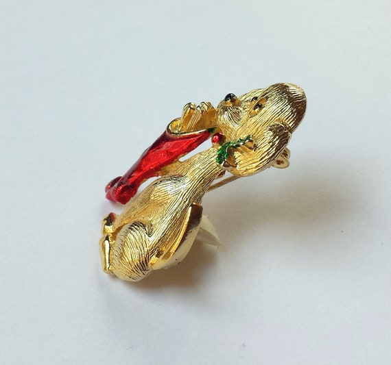 Vintage Christmas Dog Stocking Brooch Pin Signed … - image 2
