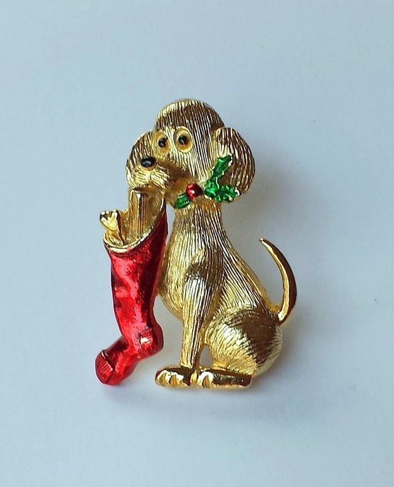 Vintage Christmas Dog Stocking Brooch Pin Signed … - image 5