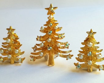 Vintage MYLU Christmas Tree Brooch Set, Christmas Tree and Earring Set