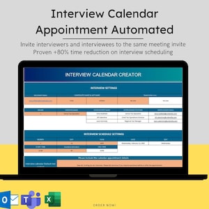 Könnte beinhalten: Ein Laptop-Bildschirm zeigt eine Tabelle mit dem Titel "Interview-Kalender-Ersteller". Die Tabelle ist in Abschnitte für "Interview-Einstellungen" und "Interview-Planungs-Einstellungen" unterteilt. Die Tabelle soll bei der Planung von Interviews helfen und den Prozess des Versendens von Meeting-Einladungen automatisieren.