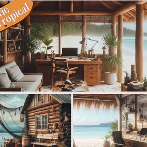 Rustic Coastal Retreat Virtual Background, Virtual Beach Cabin Office Backdrop Bring Relaxation to Your Screen, Beach Cabin Zoom Background