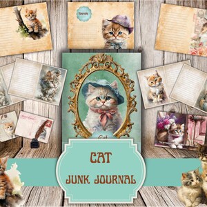 Peut inclure: Un ensemble d'éphémères vintage sur le thème des chats, comprenant des pages de journal, des cartes postales et des illustrations. L'image centrale présente un chat portant un chapeau et un nœud rose. Les mots "Cat Junk Journal" sont affichés sur une bannière turquoise.