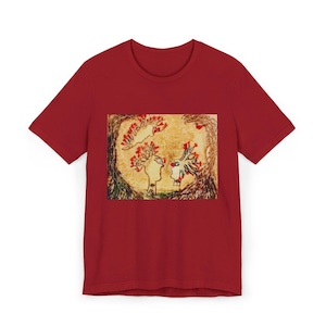 abstract art graphic design unisex T shirt symbolic figurative Jersey T-Shirt, Adam and eve love T pop culture etheral wearable art  t shirt