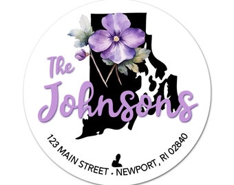 Rhode Island Address Labels, RI State Flower, Violets, Return Address, Personalized Stickers, Envelope Seal, Weddings, New Home, Client Gift
