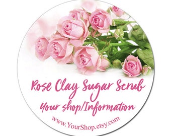 Pink Roses Labels Product Labels For Your Shop Sugar Scrub Bath Beauty Custom Personalized Bridal Favors - 100 GLOSSY Round Stickers