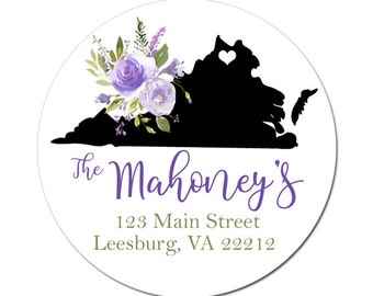 Custom State Address Labels / Purple Floral Bouquet / Return Address Labels / Personalized Stickers / Envelope Seals / Weddings / Virginia