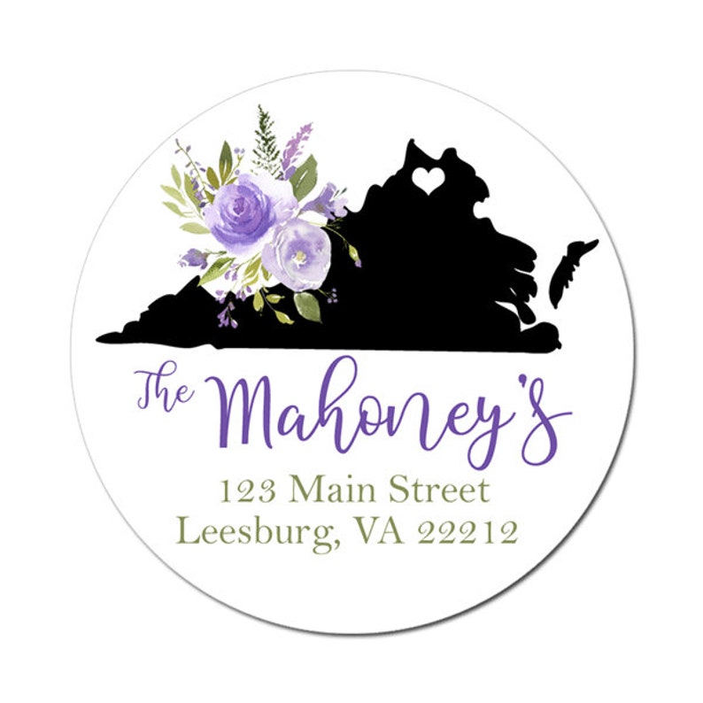 Custom State Address Labels Purple Floral Bouquet Return Address Labels Personalized Stickers Envelope Seals Weddings Virginia