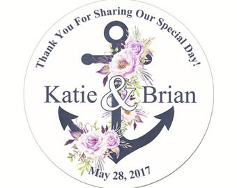 Custom Wedding Labels Personalized Anchor with Watercolor Flowers Round Glossy Designer Stickers - Quantity 100